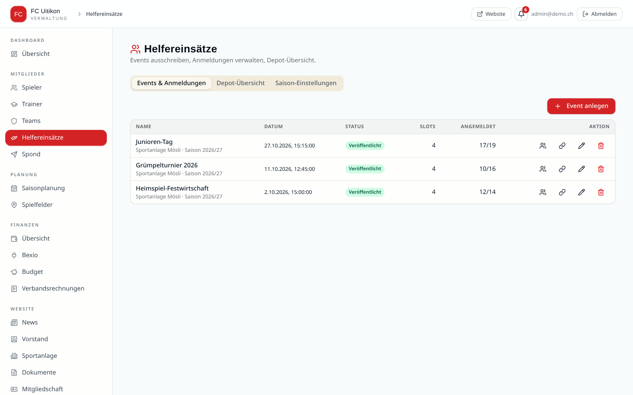 Parents sign up to help at events – FC Uitikon admin panel with fictional demo data