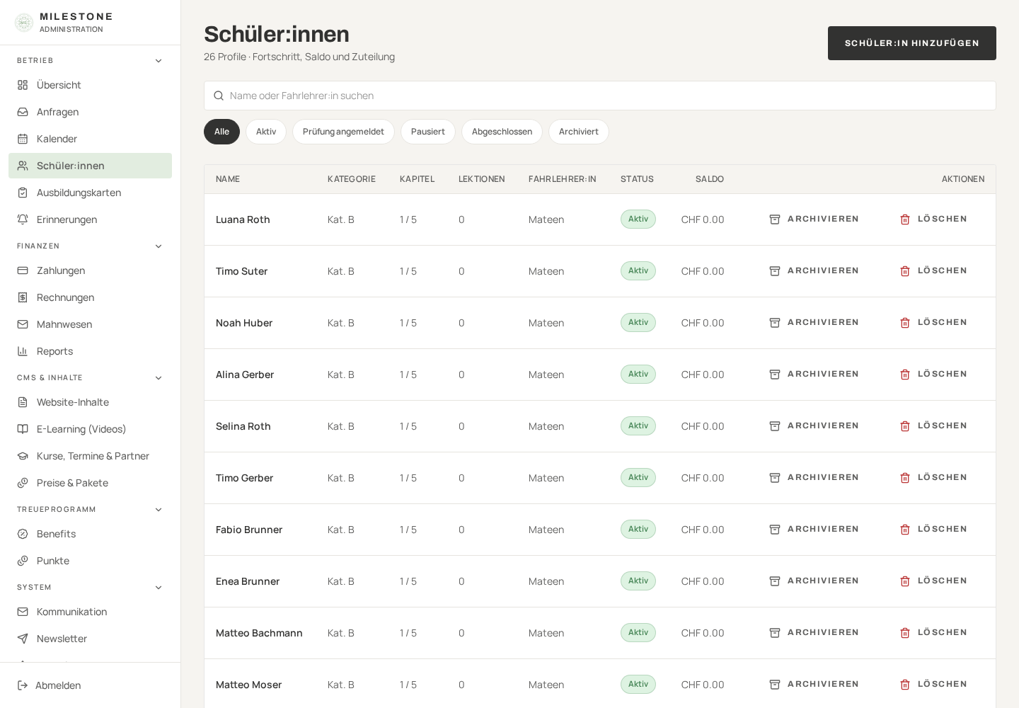 Student management – real admin panel with fictional demo data