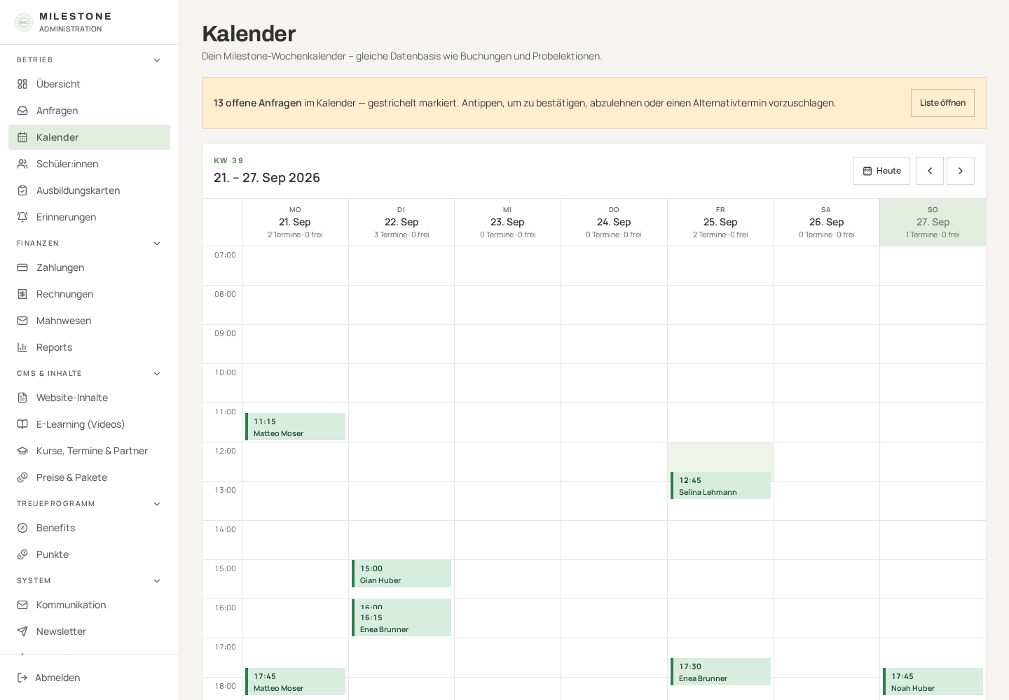 Lesson & course planner – real admin panel with fictional demo data