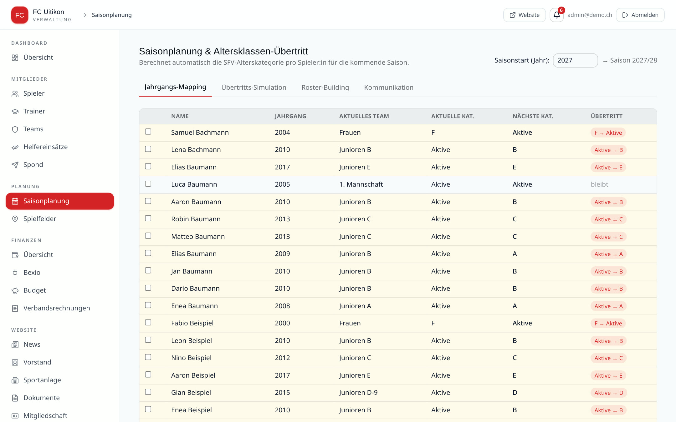 Automated season & team management – FC Uitikon admin panel with fictional demo data