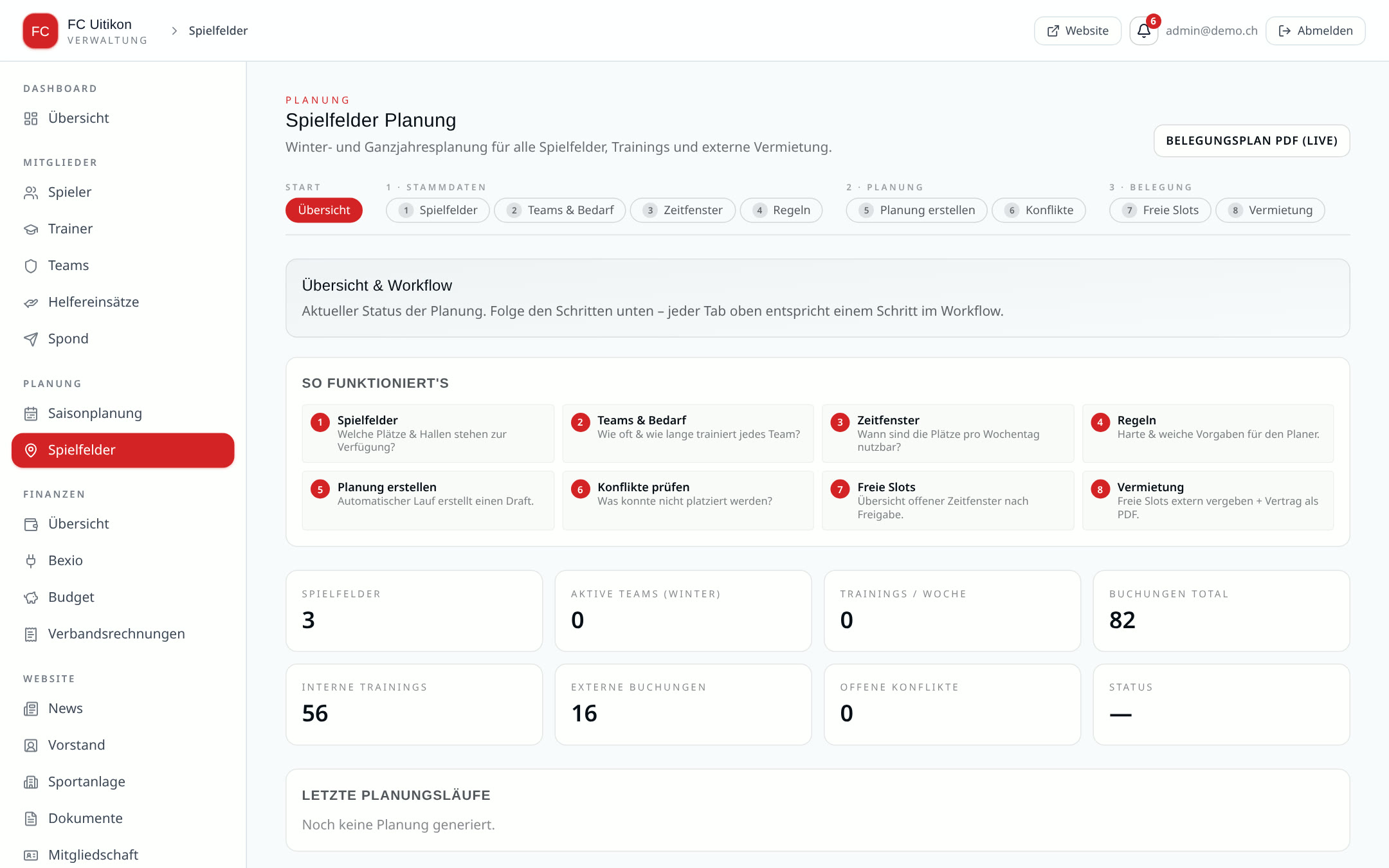 Automated training schedule builder – FC Uitikon admin panel with fictional demo data
