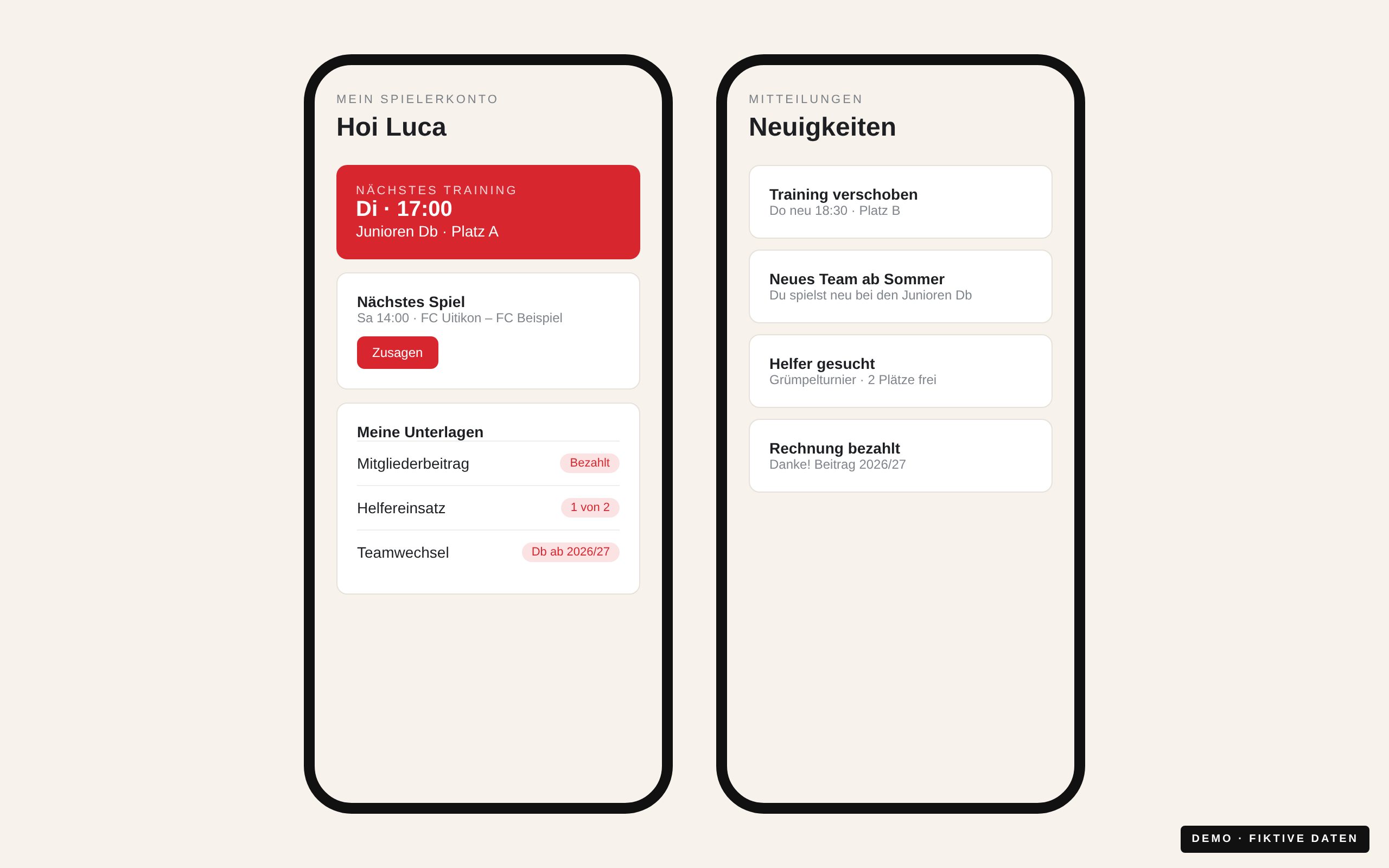 Player account – FC Uitikon admin panel with fictional demo data