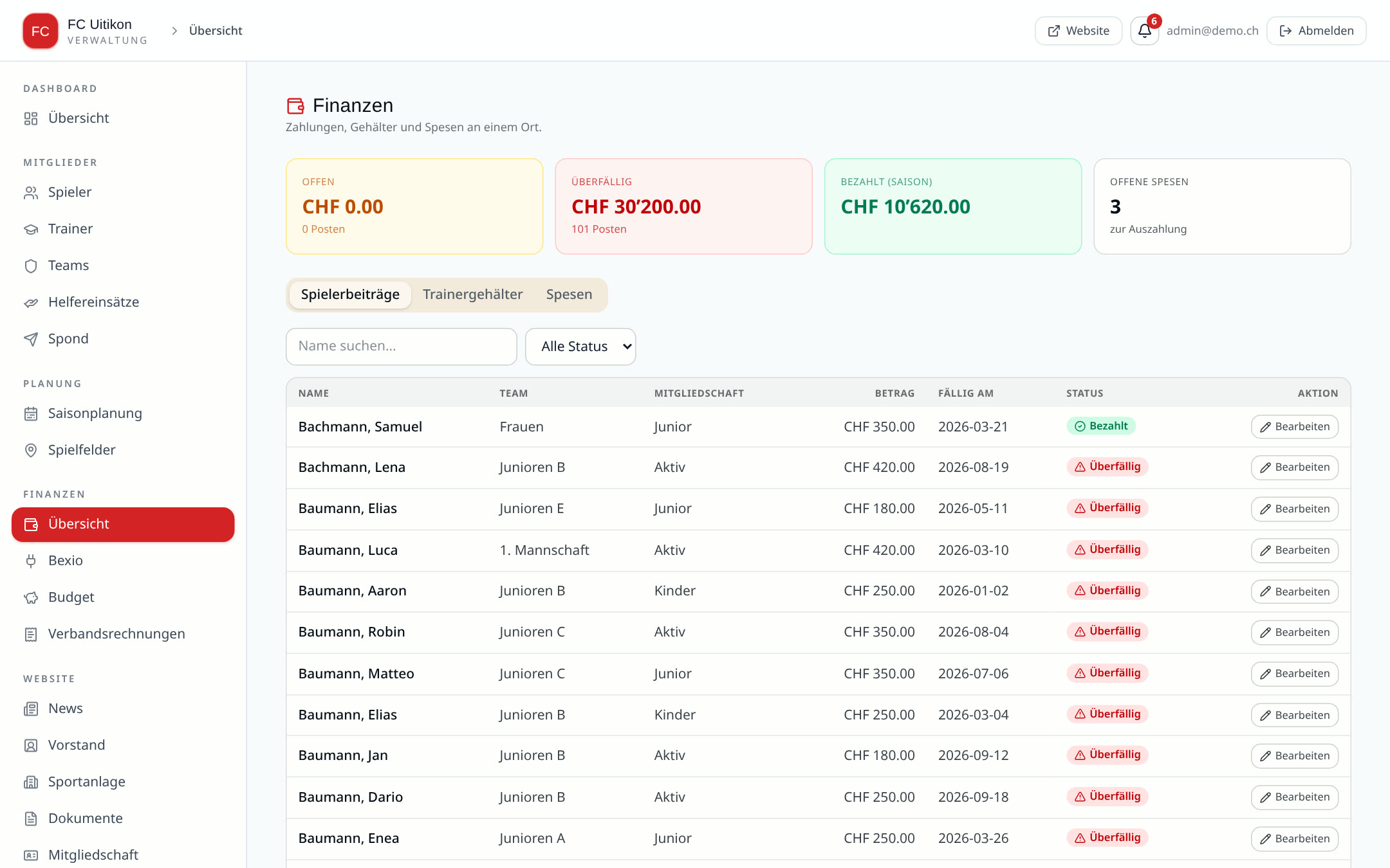 Automated billing – FC Uitikon admin panel with fictional demo data
